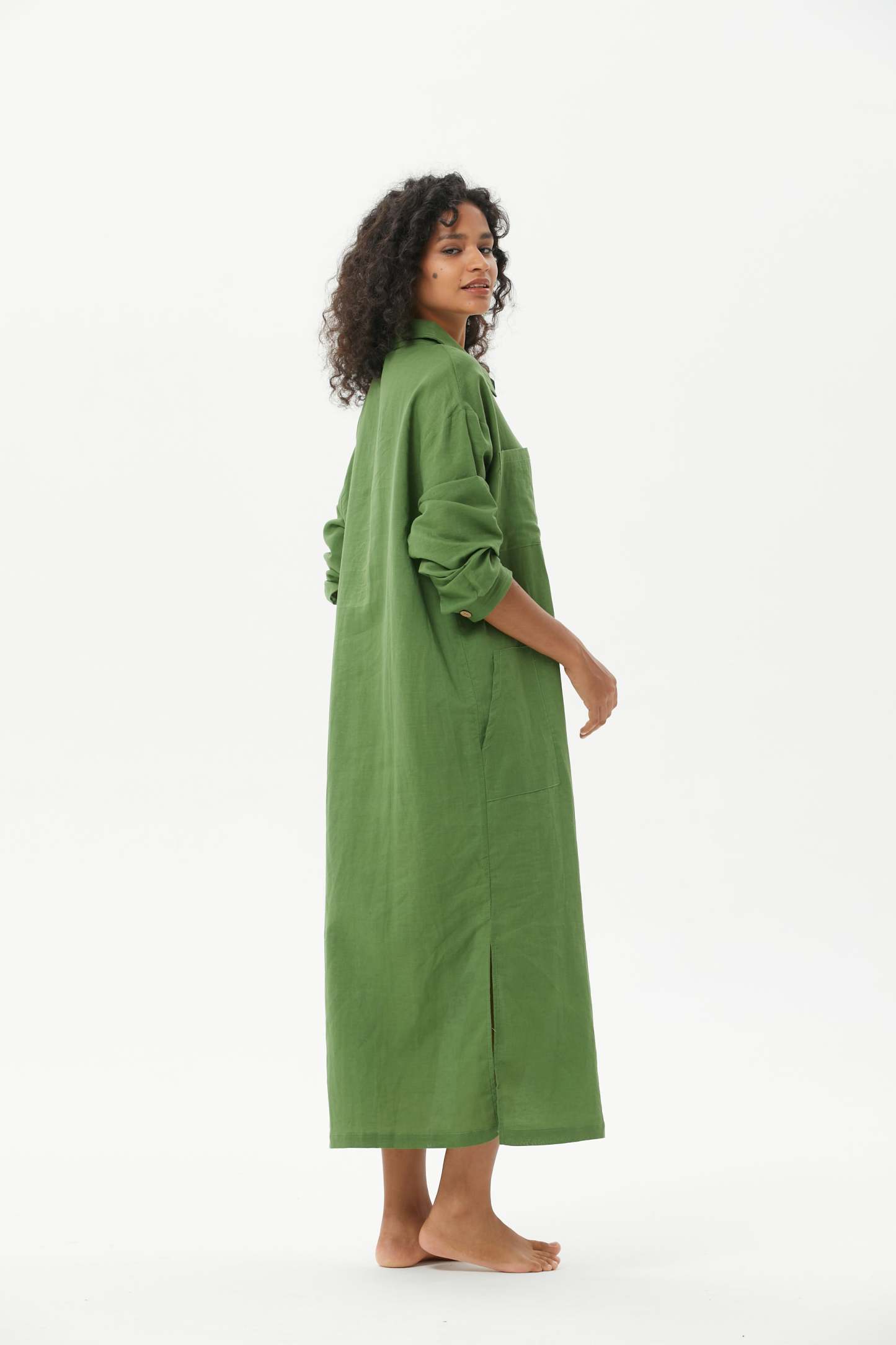 COZINEN Women's Casual lapel pocket solid color split shirt dress
