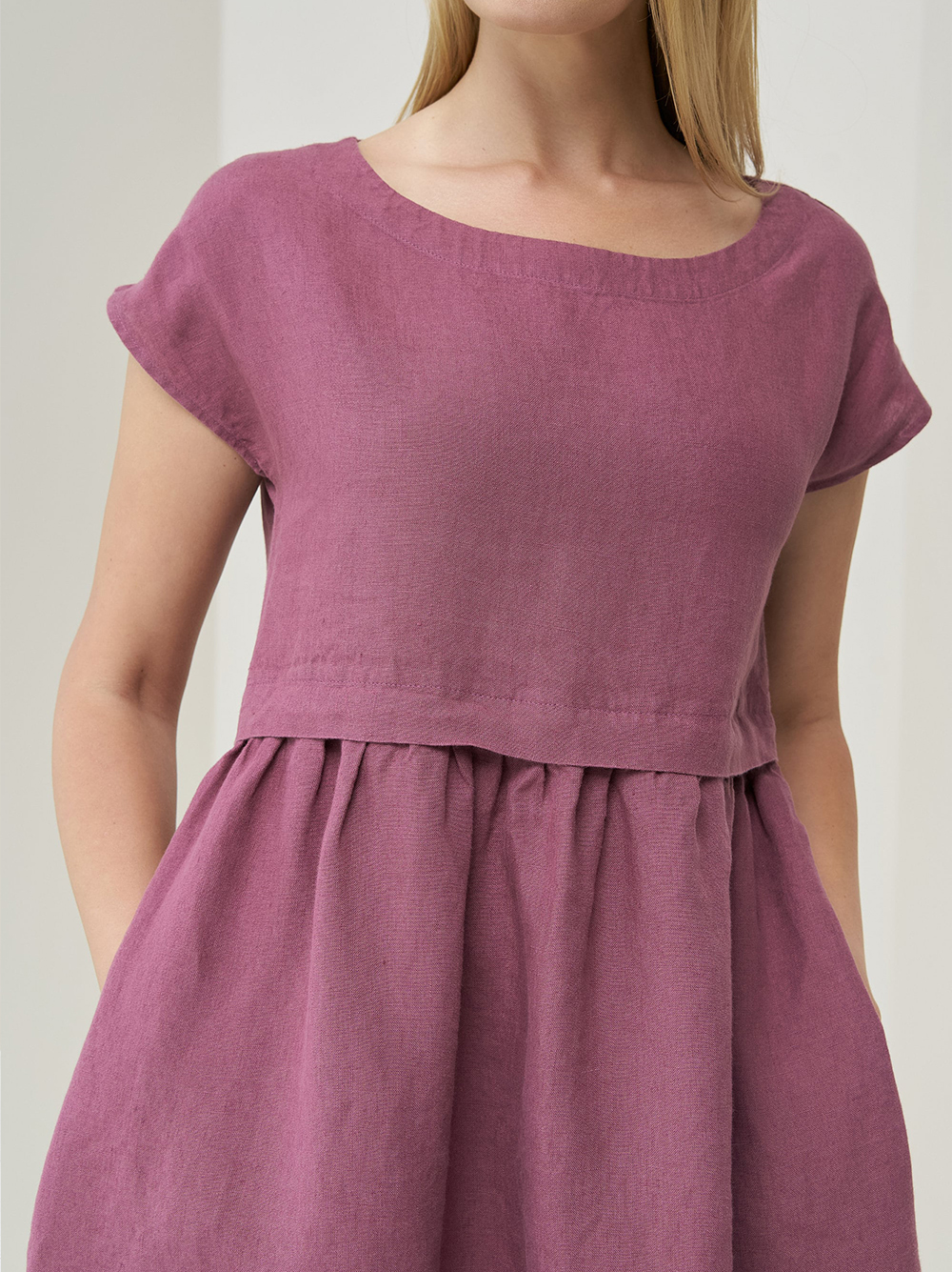 COZINEN Women's Solid Color Round Neck Short Sleeve Pocket Dress