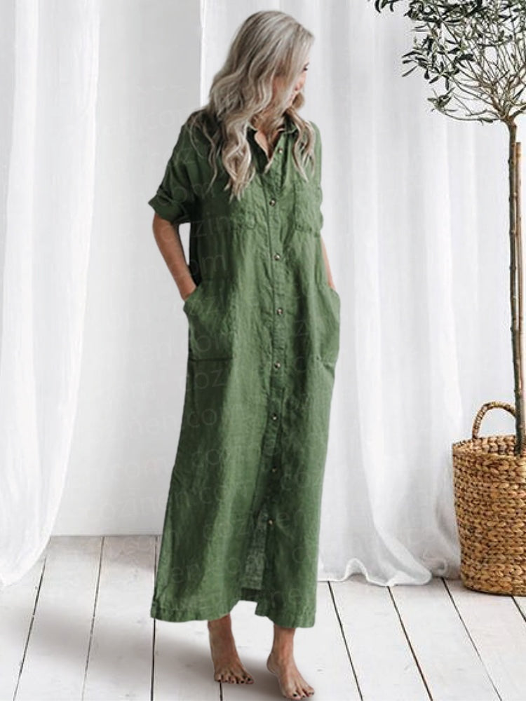 COZINEN Women's Casual lapel pocket solid color split shirt dress