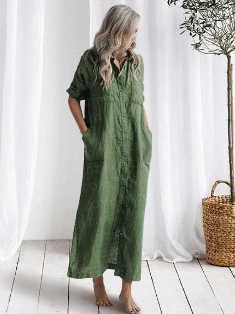 COZINEN Women's Casual lapel pocket solid color split shirt dress