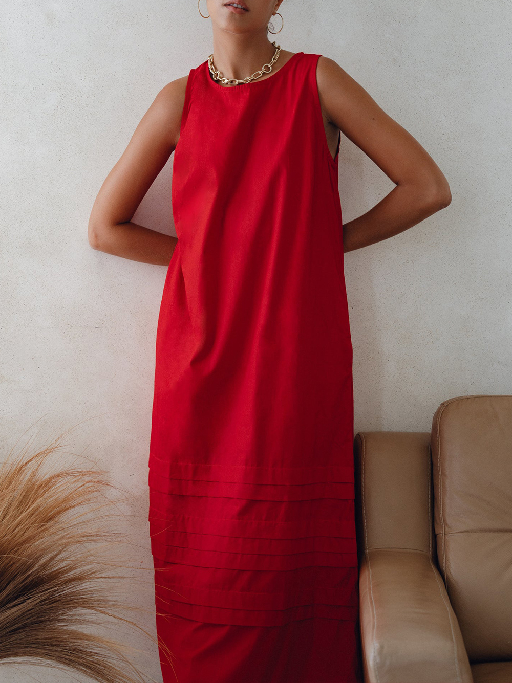 COZINEN Women's Solid Color Round Neck Sleeveless Dress