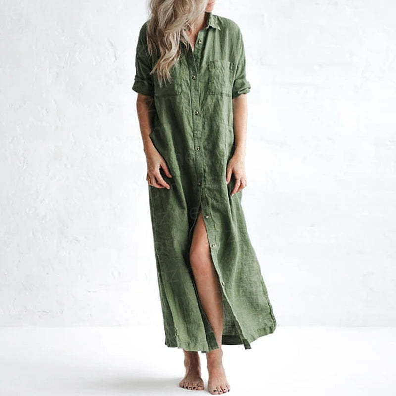 COZINEN Women's Casual lapel pocket solid color split shirt dress