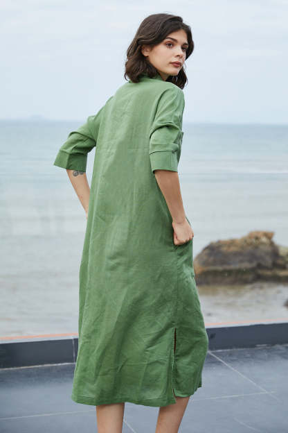 COZINEN Women's Casual lapel pocket solid color split shirt dress