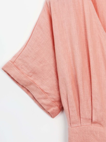 Cozinen 100% Linen Short Sleeve V-Neck A-Line Dress
