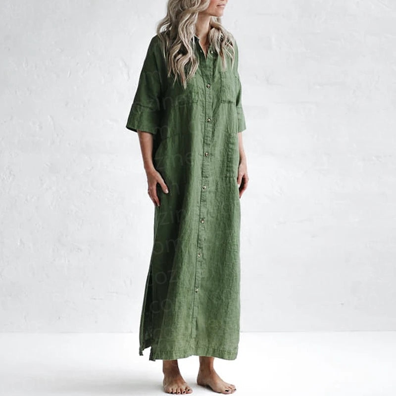 COZINEN Women's Casual lapel pocket solid color split shirt dress