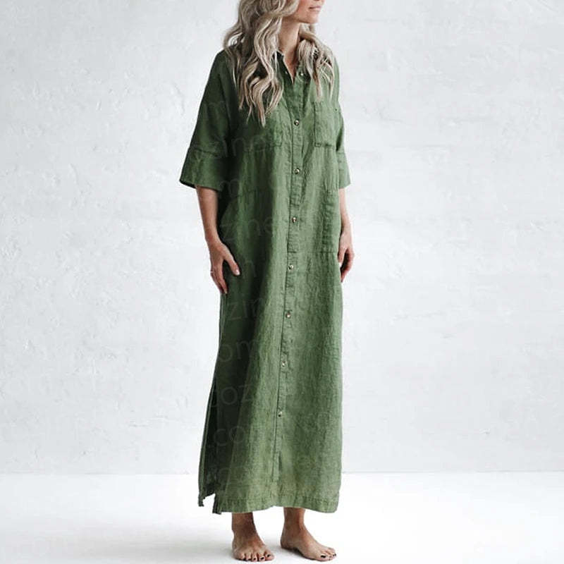 COZINEN Women's Casual lapel pocket solid color split shirt dress