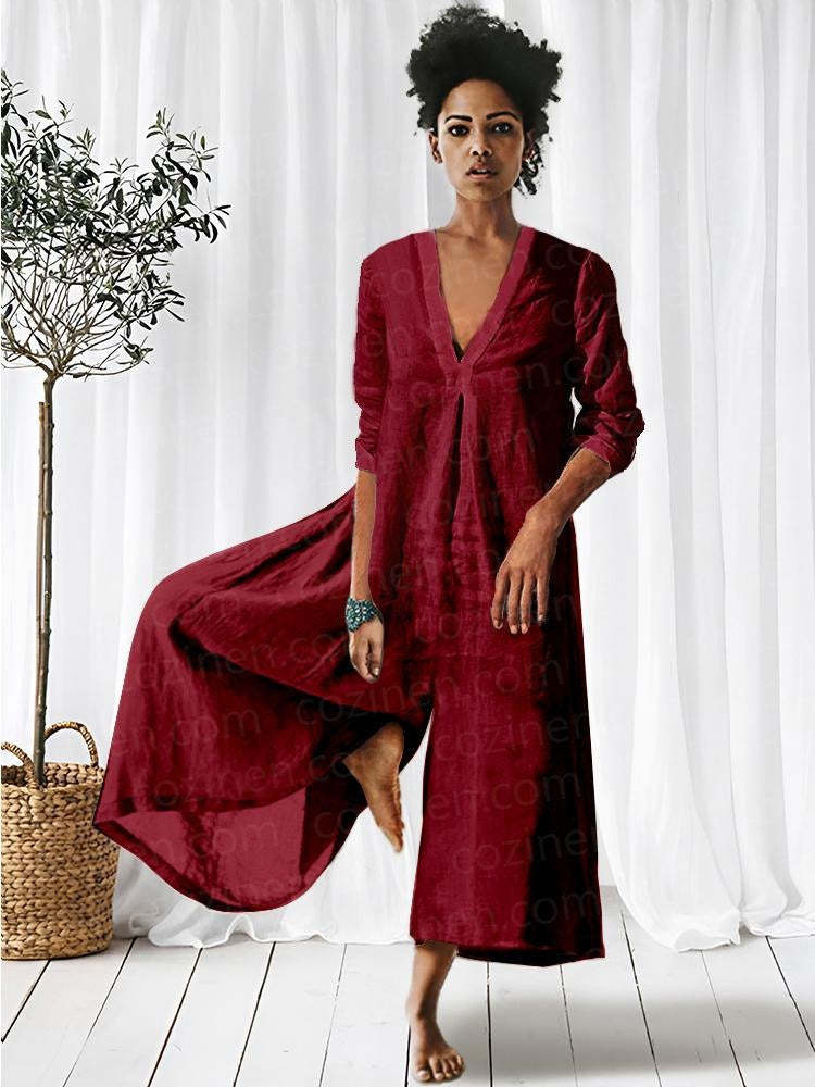 V-neck Long-Sleeved Jumpsuit