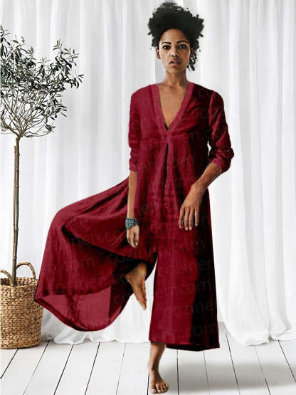 V-neck Long-Sleeved Jumpsuit