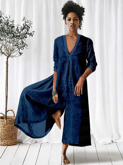 V-neck Long-Sleeved Jumpsuit