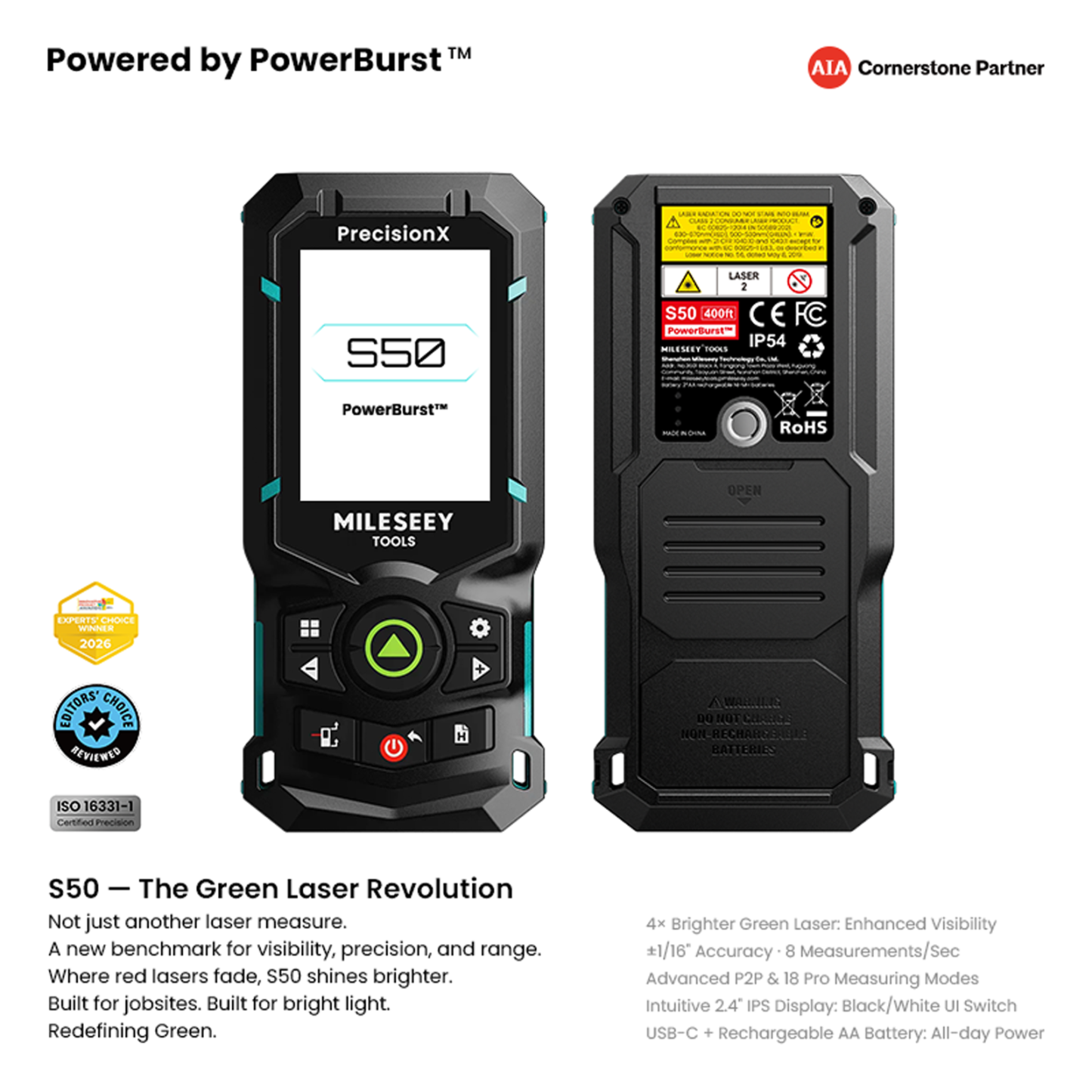 S50 Green-Beam Laser Measure Powered by PowerBurst™