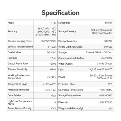 Mileseey TR120 Infrared Thermal Imager Specifications