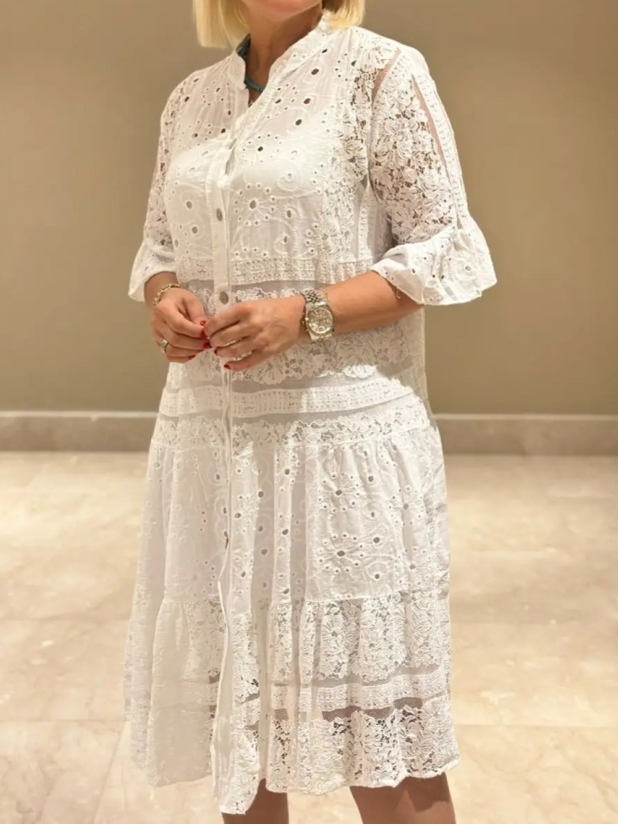Hannah Lace Button Up Solid Midi Dress