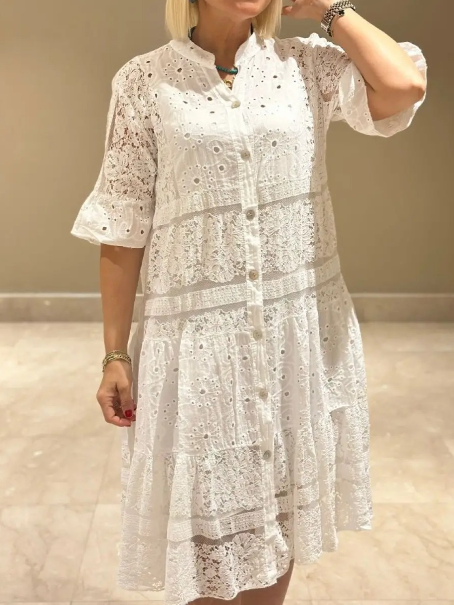 Hannah Lace Button Up Solid Midi Dress