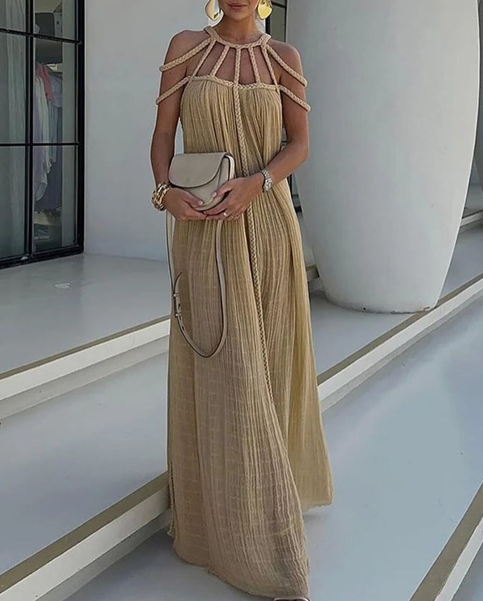 Modern And Sophisticated Linen Blend Draped Braids Cover Up Maxi Dress