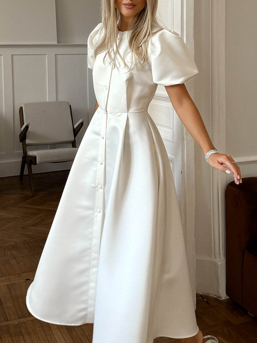 Pearl Button Up Puff Sleeve Dress