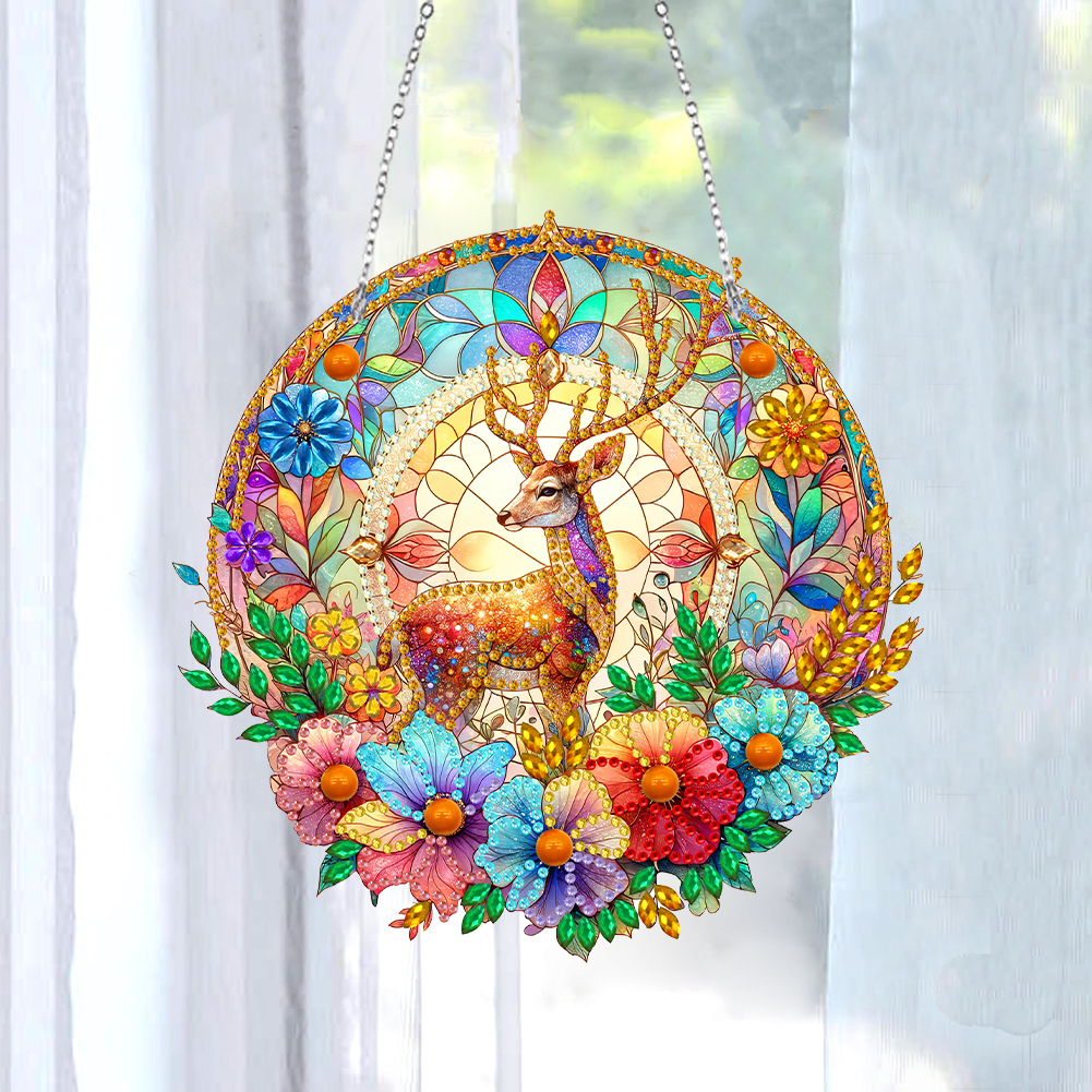 5D Diamond Painting Stained Glass Panel Decorative Home Garden Decoration Hanging Kit(Deer)
