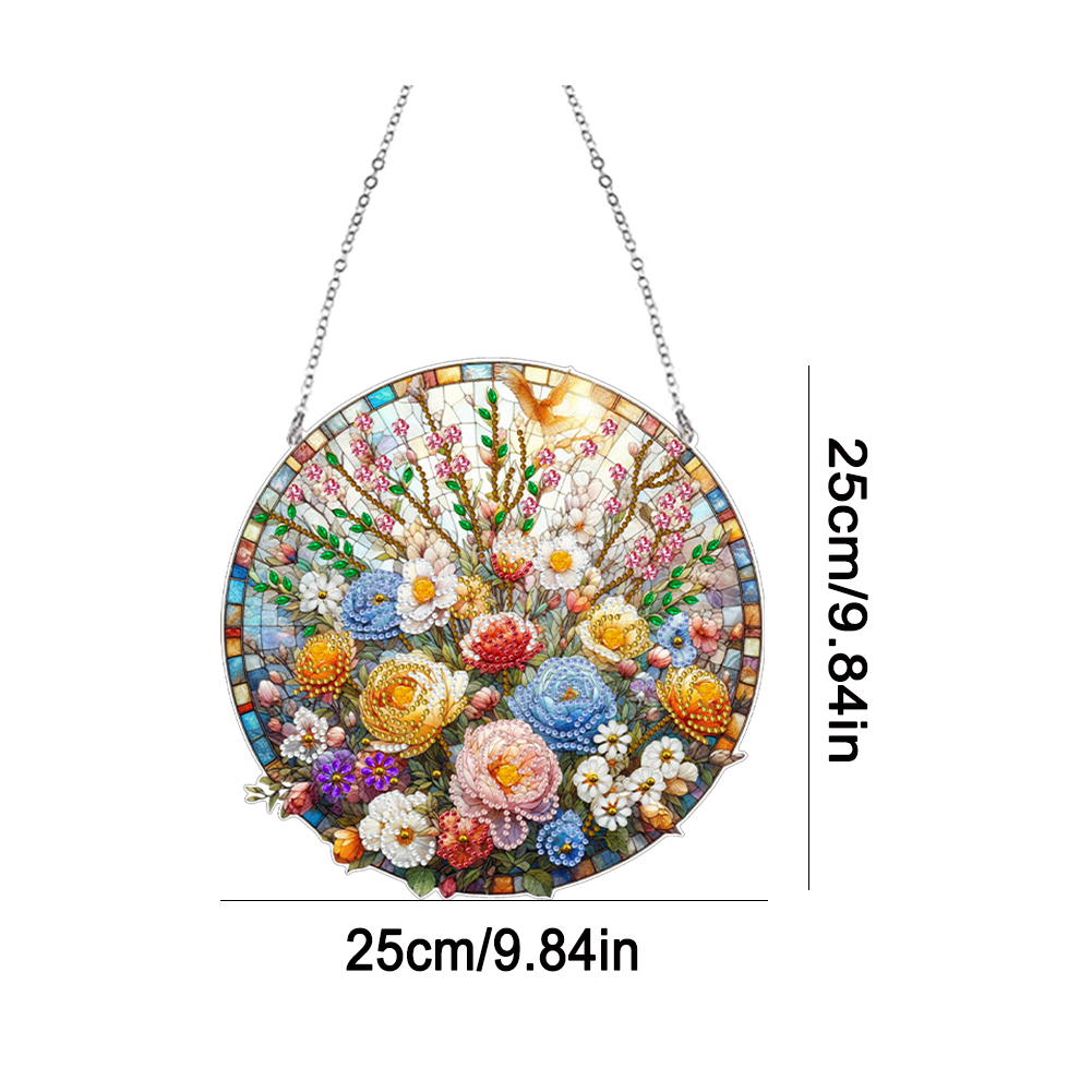 (Upgrade Size)DIY Diamond Painting Art Pendant Colorful Stained Glass Hanging Ornament Kit(rFlowers)