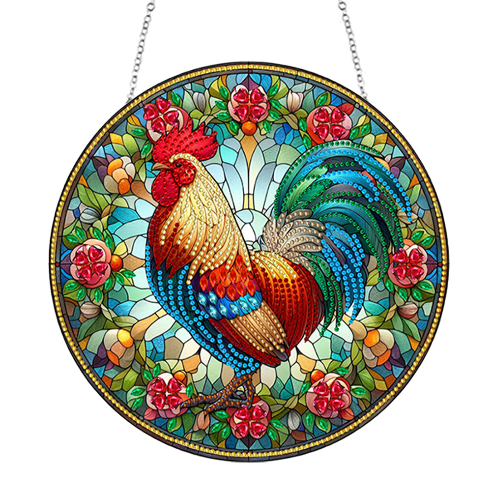 (Upgrade Size)DIY Diamond Painting Stained Glass Panel Decorative Home Garden Decoration Hanging Kit(Rooster)