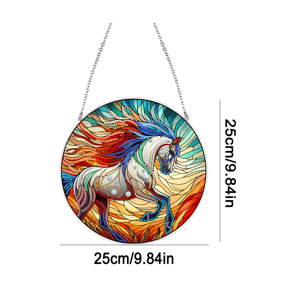 (Upgrade Size)DIY Diamond Painting Art Pendant Colorful Stained Glass Hanging Ornament Kit(Horse)