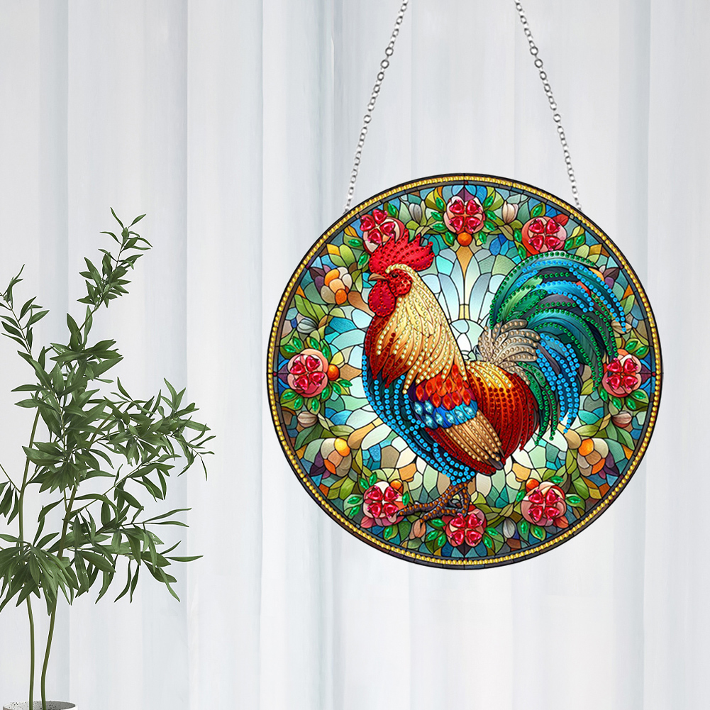 (Upgrade Size)DIY Diamond Painting Stained Glass Panel Decorative Home Garden Decoration Hanging Kit(Rooster)