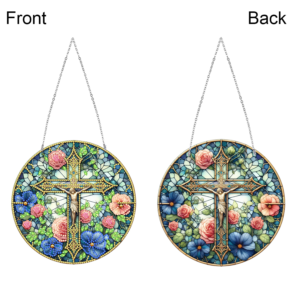 5D Diamond Painting Stained Glass Panel Decorative Home Garden Decoration Hanging Kit(Cross)