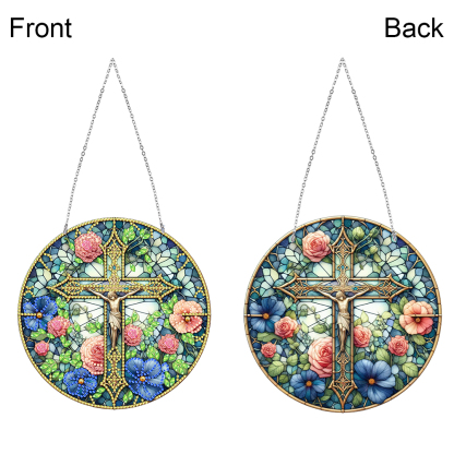 5D Diamond Painting Stained Glass Panel Decorative Home Garden Decoration Hanging Kit(Cross)
