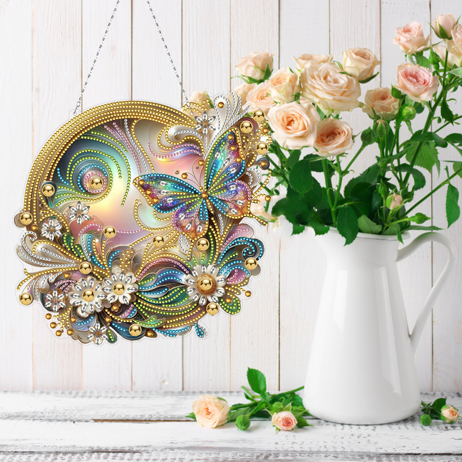 (Upgrade Size)DIY Double Sided Effect Diamond Painting Hanging Pendant Kit (Flower Butterfly)
