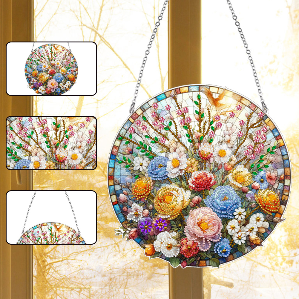 (Upgrade Size)DIY Diamond Painting Art Pendant Colorful Stained Glass Hanging Ornament Kit(rFlowers)