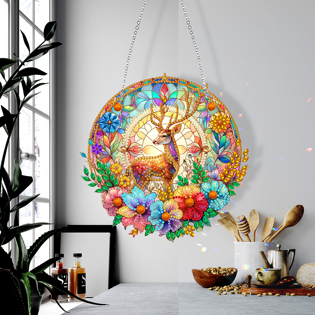 5D Diamond Painting Stained Glass Panel Decorative Home Garden Decoration Hanging Kit(Deer)