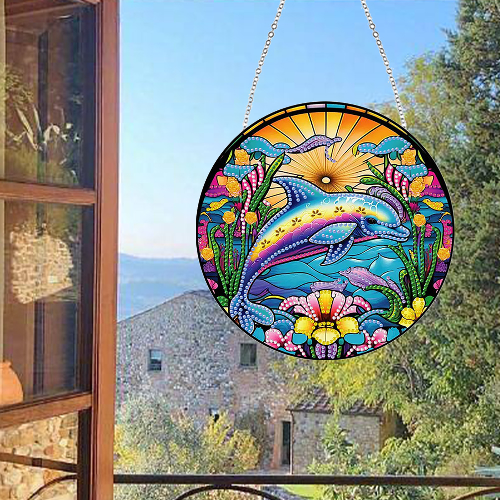 DIY Diamond Painting Art Pendant Colorful Diamond Drawing Hanging Ornament Kit(Dolphin)