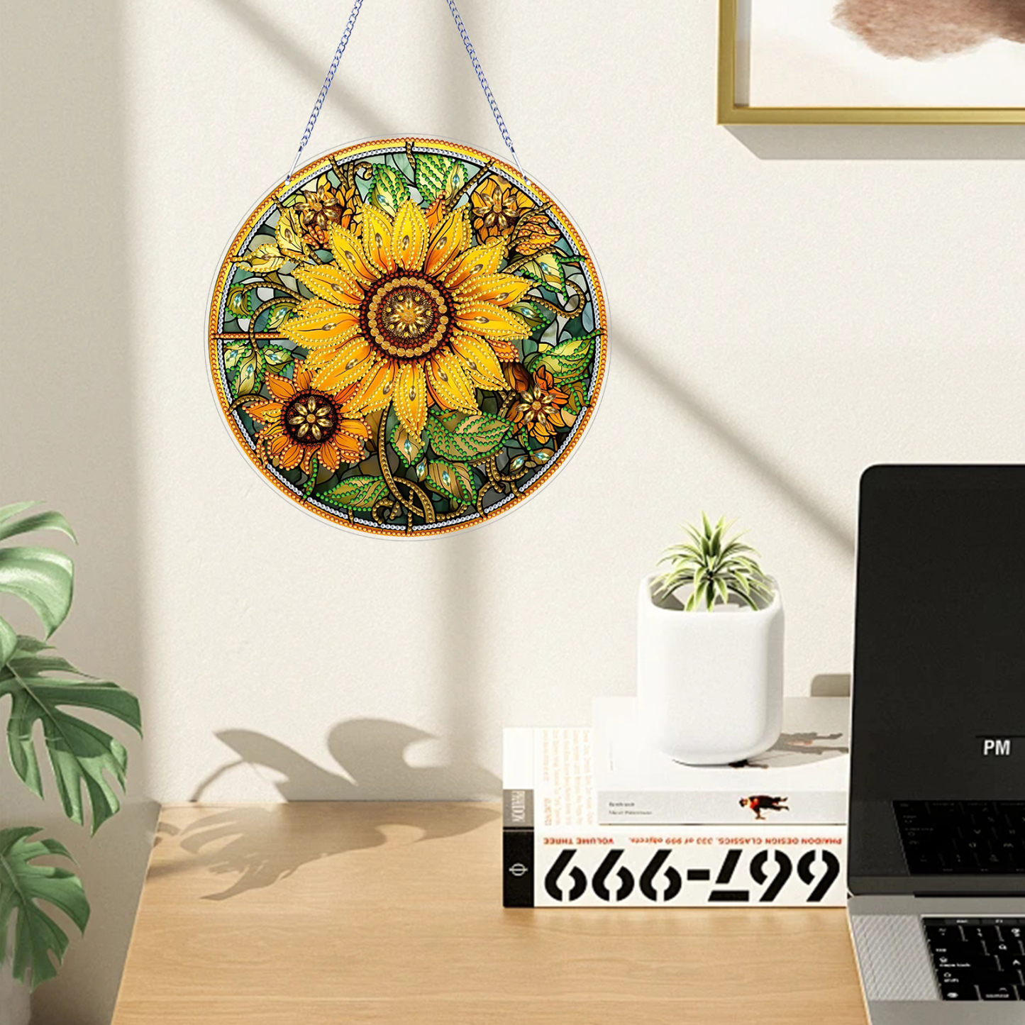 (Upgrade Size)DIY Double Sided Effect Diamond Painting Hanging Pendant Kit (Sunflower)