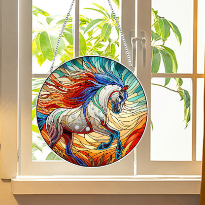 (Upgrade Size)DIY Diamond Painting Art Pendant Colorful Stained Glass Hanging Ornament Kit(Horse)