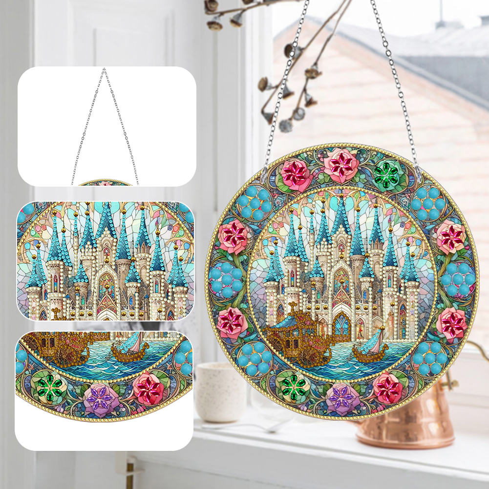 (Upgrade Size)DIY Diamond Painting Art Pendant Colorful Animal Hanging Ornament Kit(Castle Glass Painting)