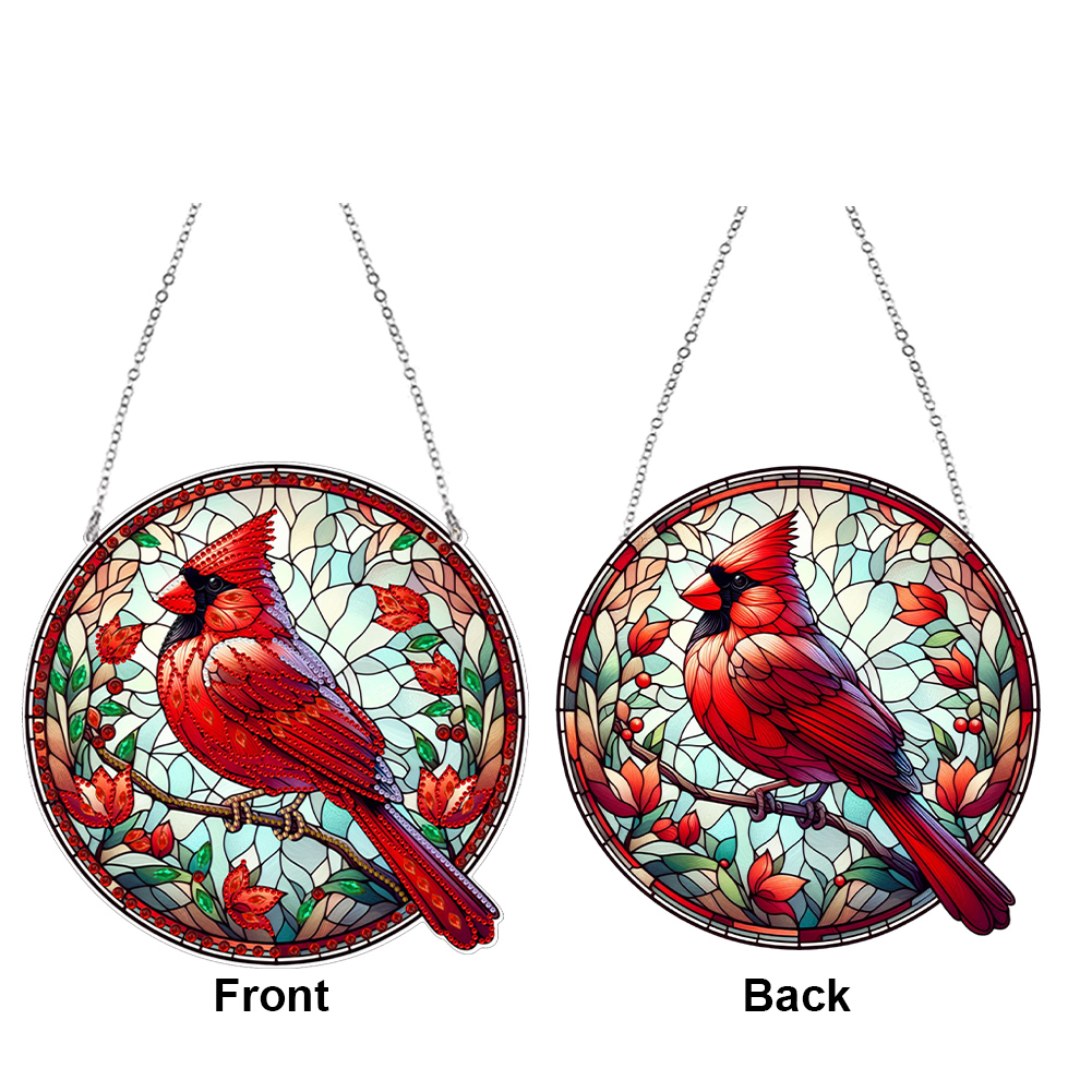 (Upgrade Size)DIY Diamond Painting Art Pendant Colorful Stained Glass Hanging Ornament Kit(Cardinal)