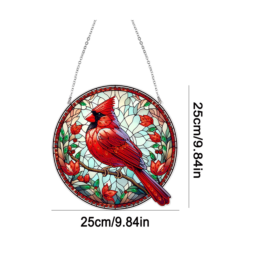 (Upgrade Size)DIY Diamond Painting Art Pendant Colorful Stained Glass Hanging Ornament Kit(Cardinal)