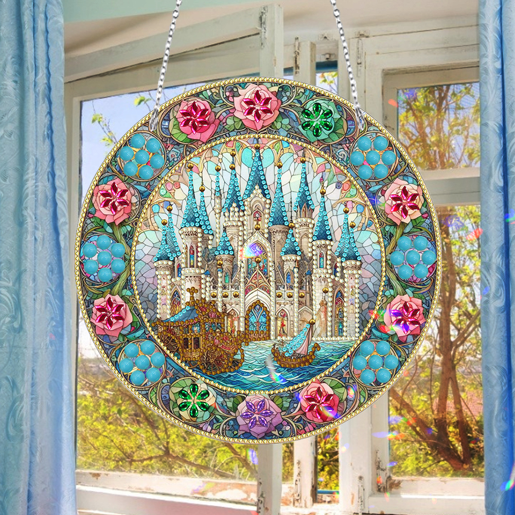 (Upgrade Size)DIY Diamond Painting Art Pendant Colorful Animal Hanging Ornament Kit(Castle Glass Painting)