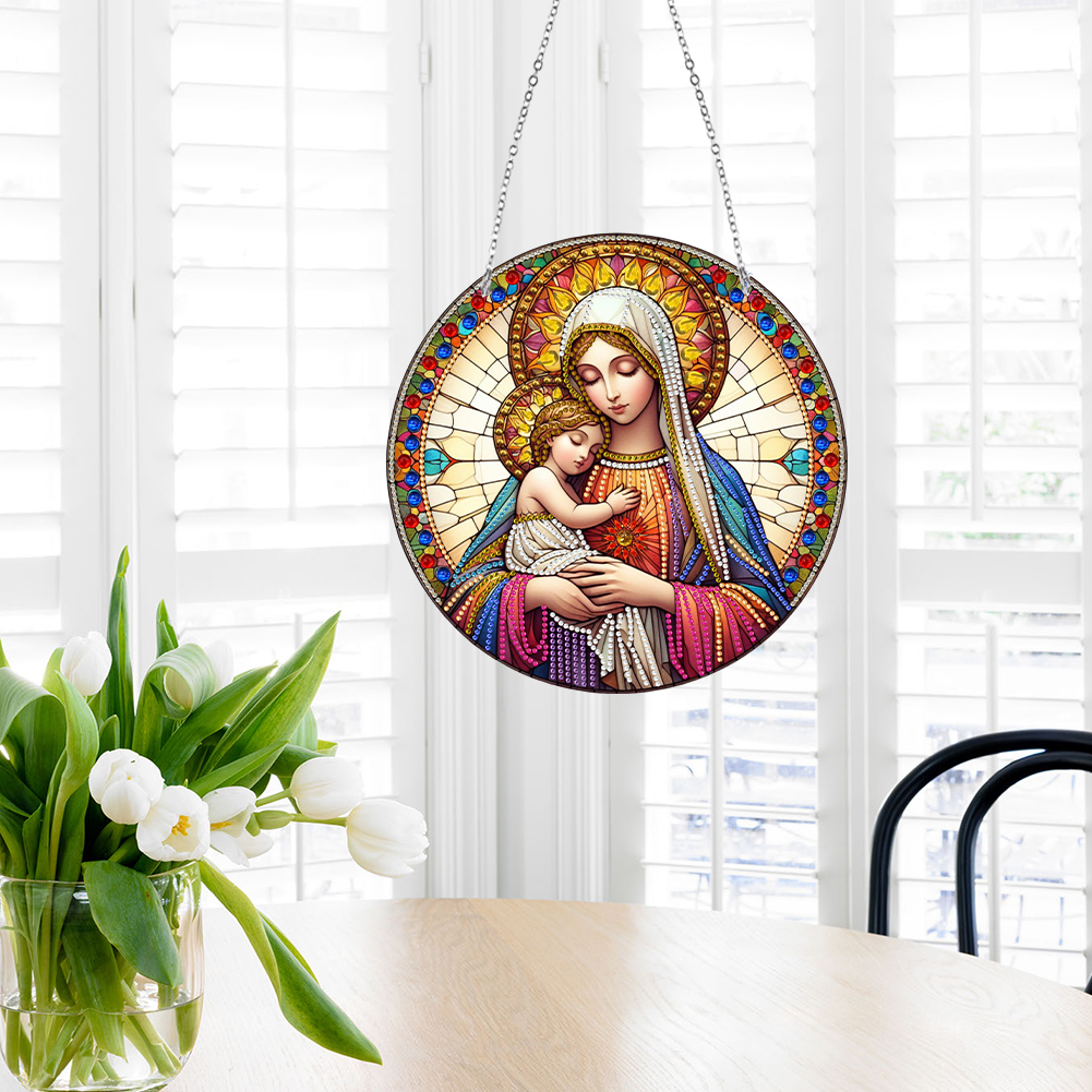 (Upgrade Size)DIY Diamond Painting Art Pendant Colorful Animal Hanging Ornament Kit (Holy Mother)