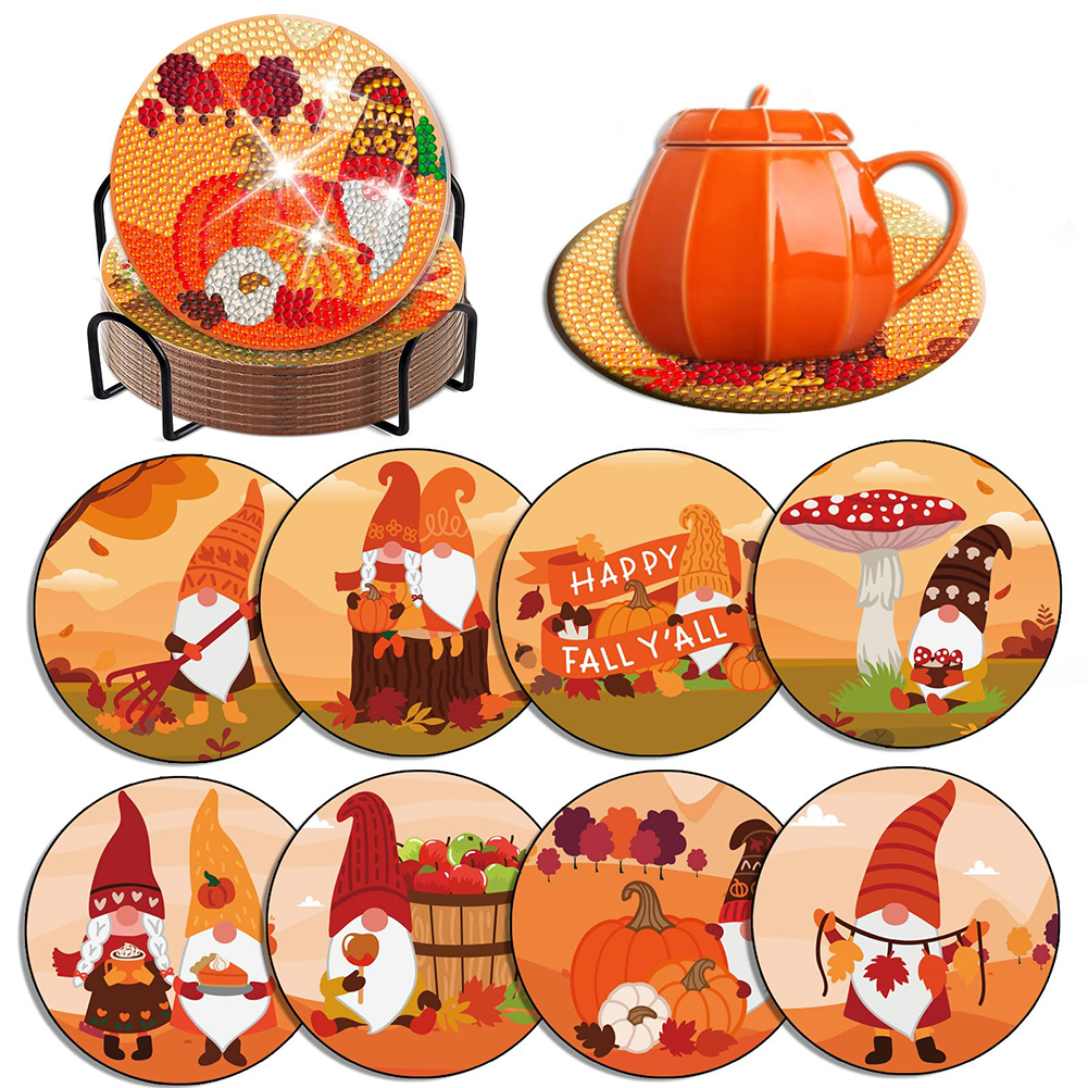 8PCS DIY Acrylic Diamond Painting Coasters Kits with Holder Kit (Pumpkin Gnome)