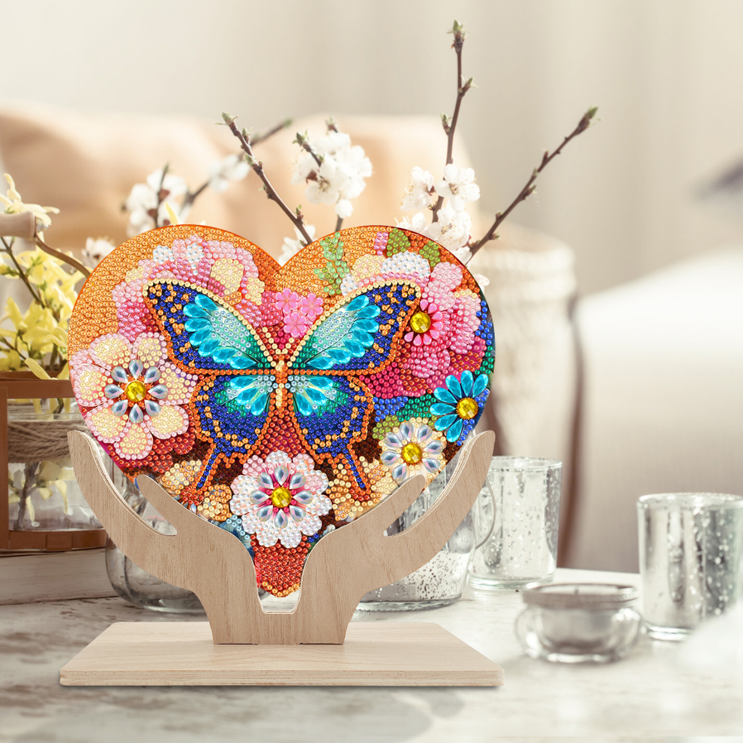5D DIY Special Shape Diamond Painting Wooden Heart Shape Desk Ornament Decor Kit