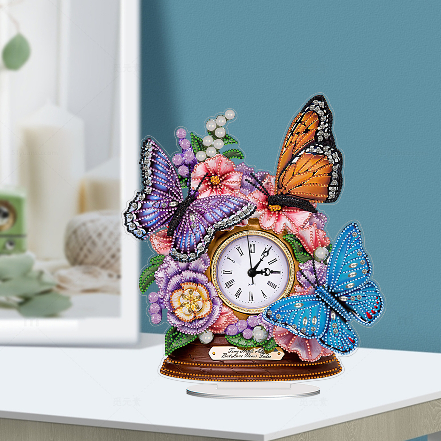 5D DIY Special Shape Diamond Painting Desk Ornament Handmade Clock Kit(Flower Butterfly)
