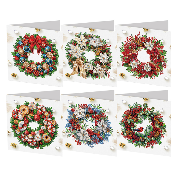 6Pcs Christmas Wreath DIY Diamond Painting Card for Holiday Party Favo