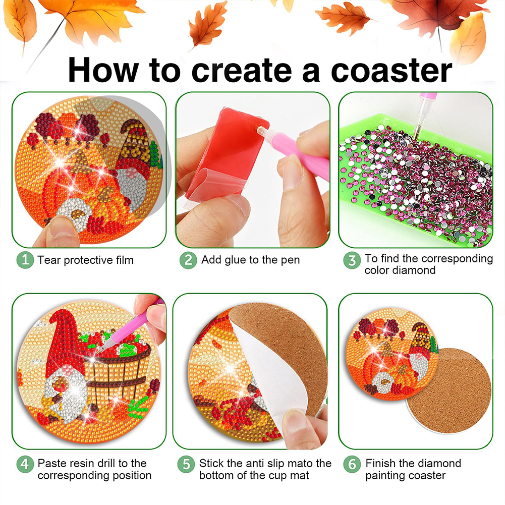 8PCS DIY Acrylic Diamond Painting Coasters Kits with Holder Kit (Pumpkin Gnome)