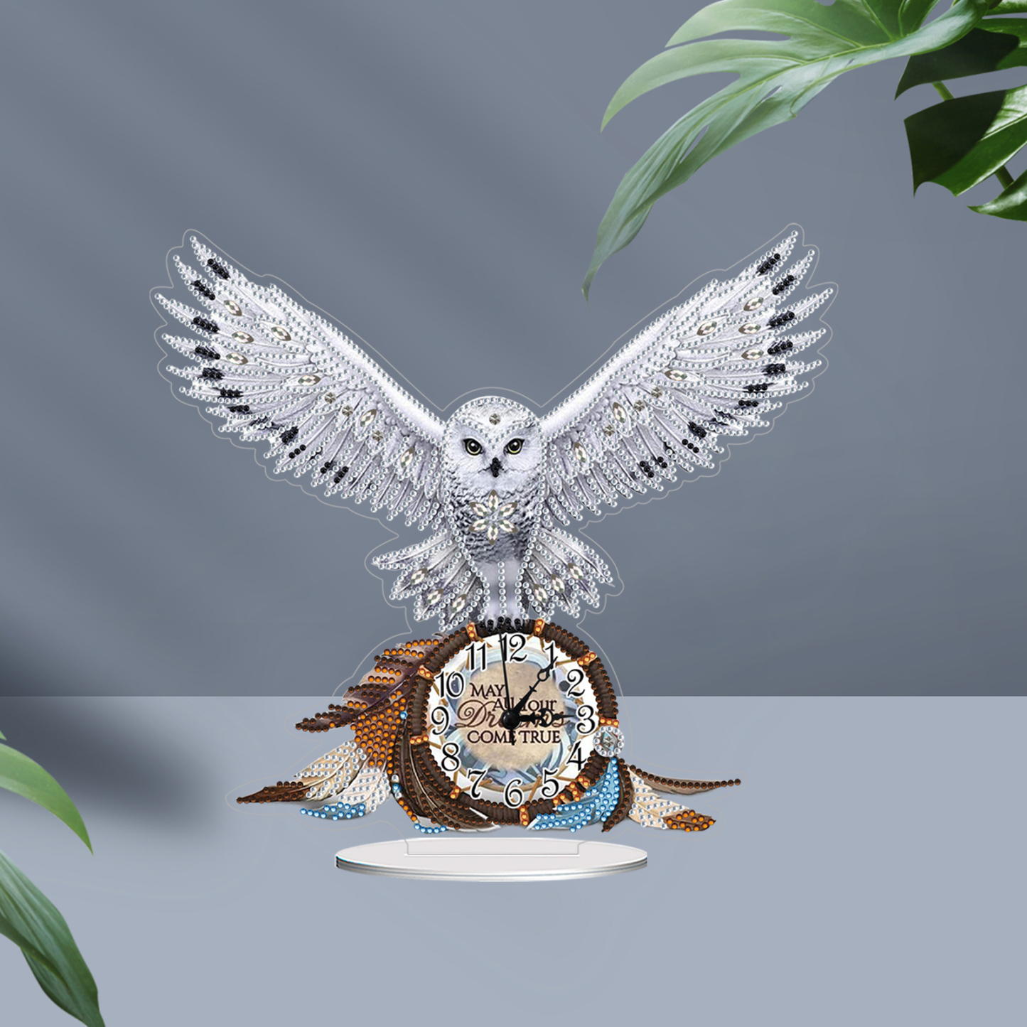 5D DIY Special Shape Diamond Painting Desk Ornament Handmade Clock Kit(Owl Dreamcatcher)