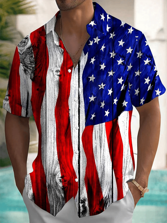 Men's Fashionable Flag Print Resort Casual Shirt (Pockets Included)