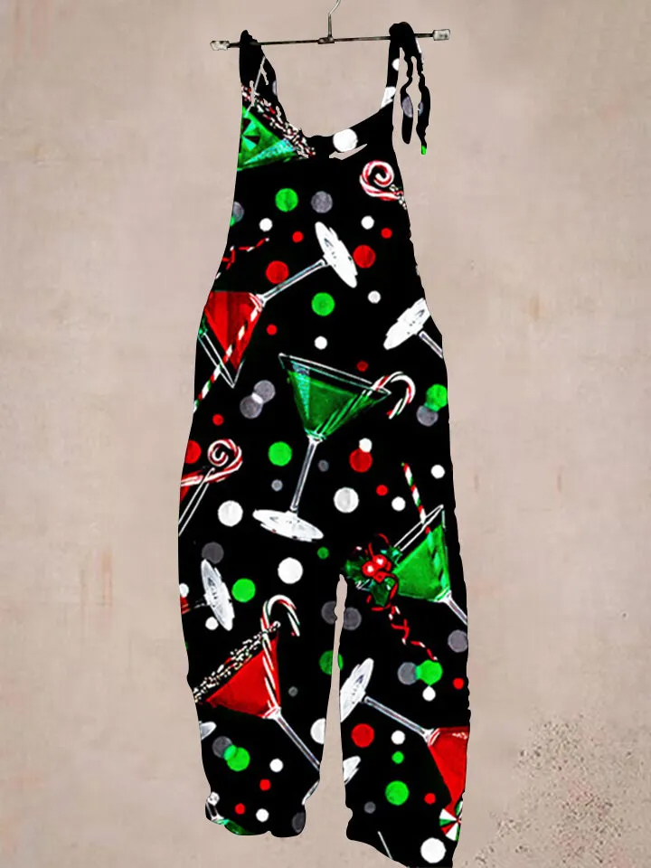 Christmas wine glass print casual jumpsuit
