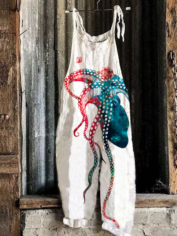 Watercolor Octopus Tentacles Japanese Print Linen Loose Casual Jumpsuit