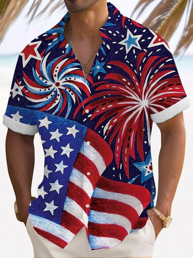 Men's Flag Independence Day Printed Casual Shirt (With Pockets)