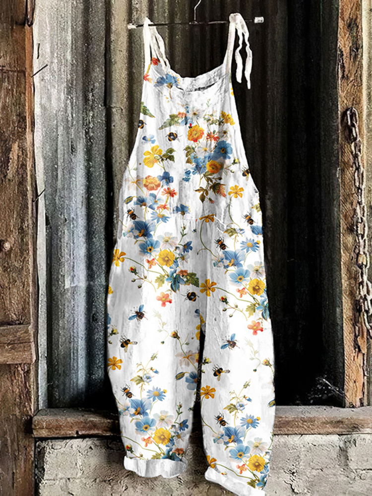 Casual Farm Bees and Floral Art Print Jumpsuit