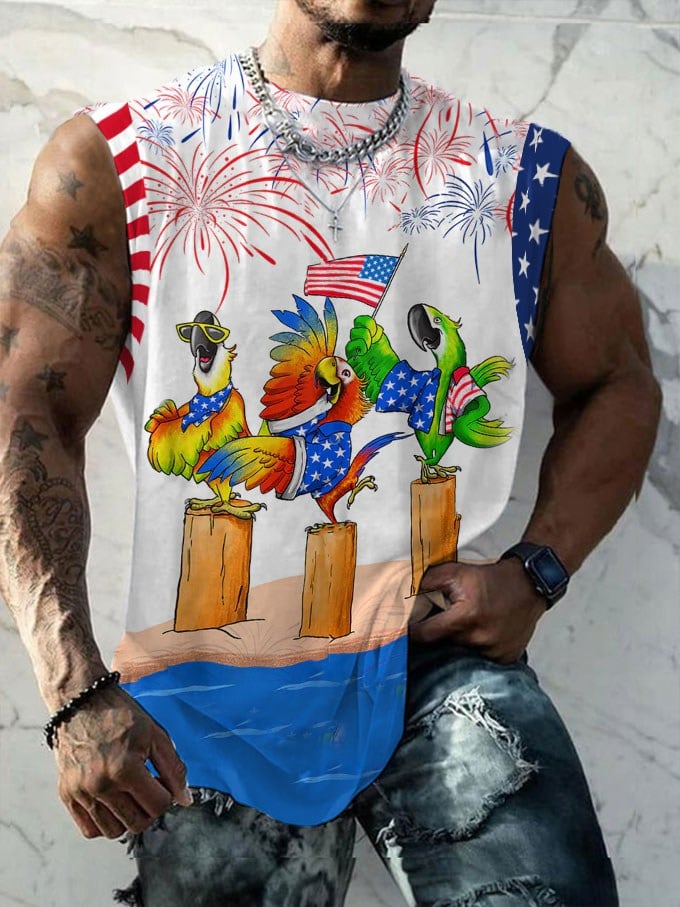 Men's Resort Style Flag Parrot Print Sports Vest
