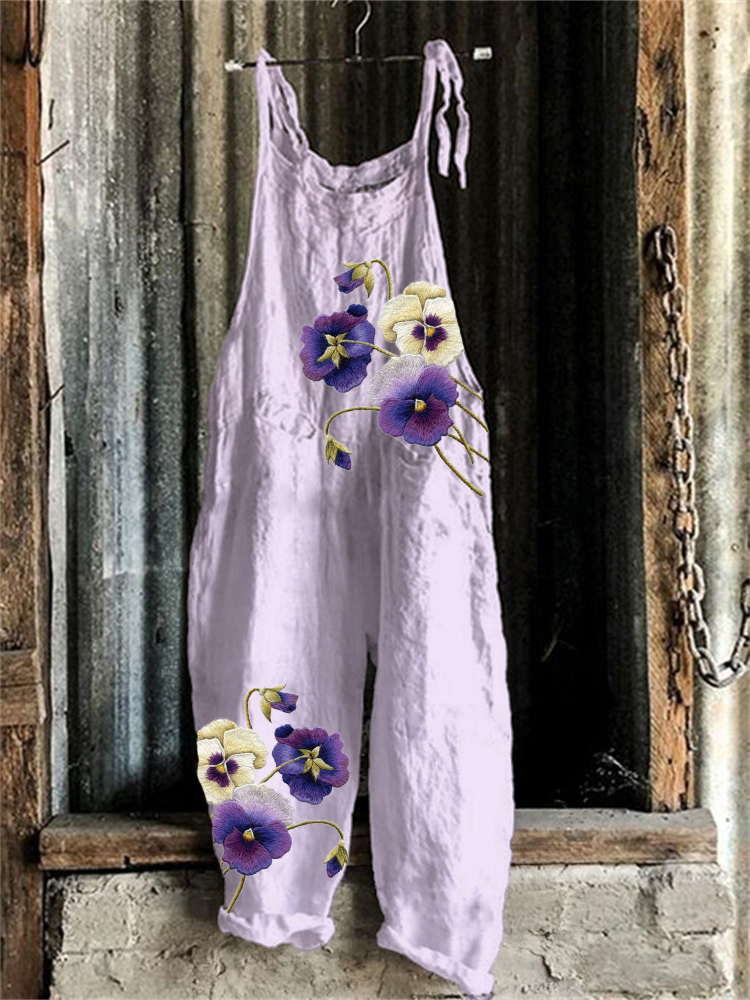 Classy Pansy Flowers Embroidered Loose Fit Jumpsuit
